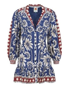 Farm Rio NWT Luna Blue Long Sleeve Mini Dress Size XS